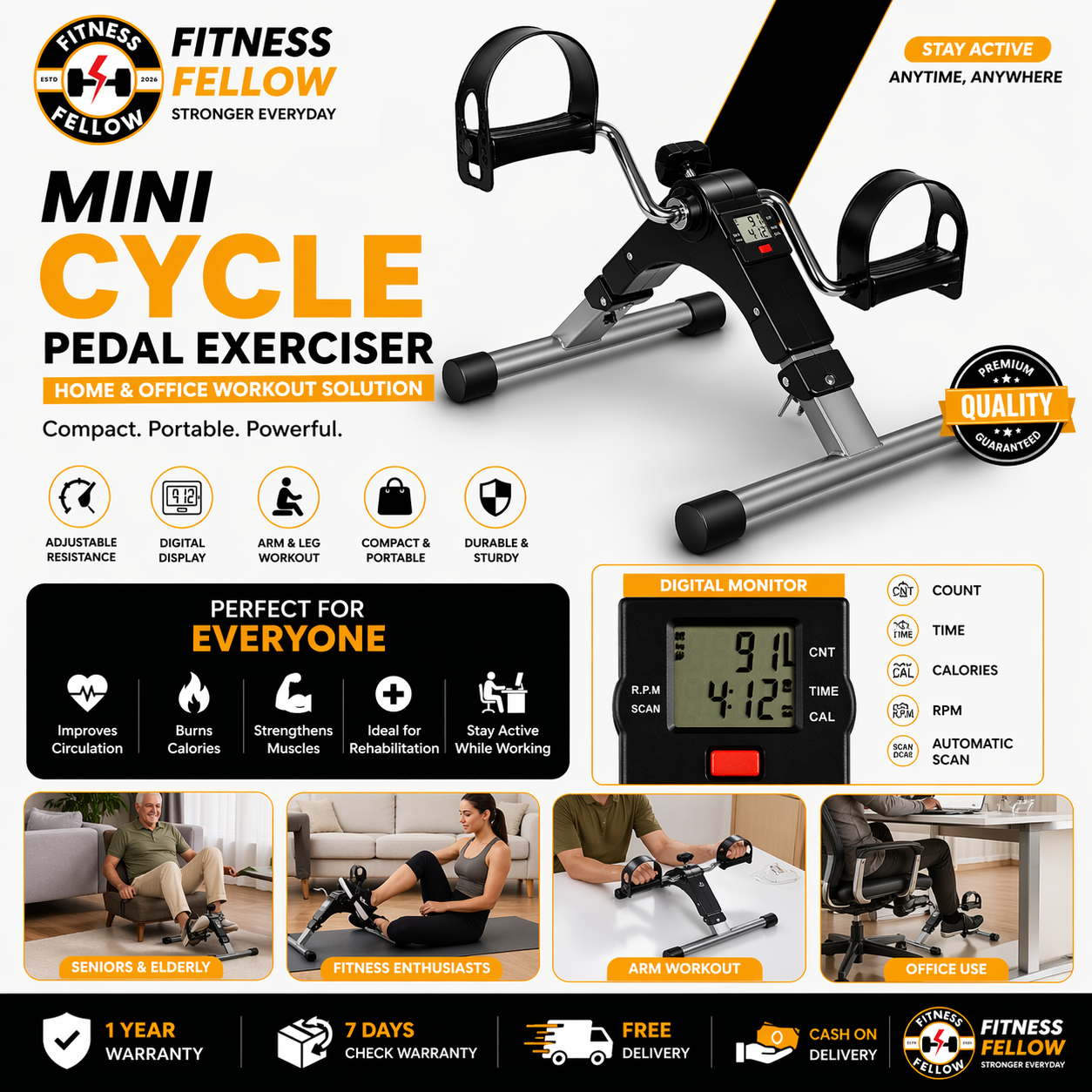 Portable Mini Cycle Pedal Exerciser with Adjustable Resistance and Digital Display